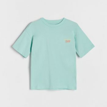 Reserved - Tricou din material structurat, cu broderie - Turcoaz