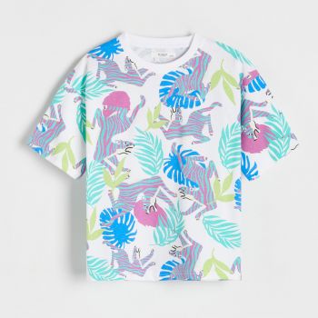 Reserved - Tricou oversized, cu imprimeu tropical - Alb