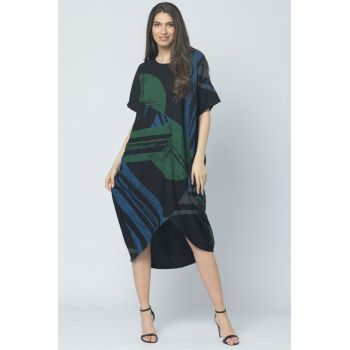 Rochie lalea cu imprimeu pictural abstract verde-albastru
