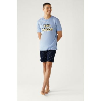 Pijama de bumbac cu pantaloni scurti si imprimeu