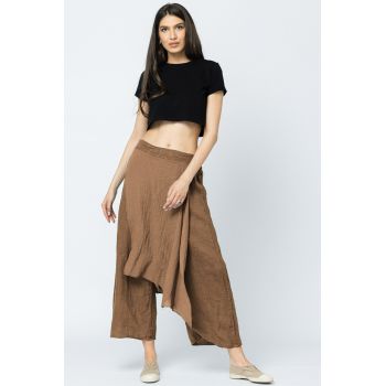 Pantaloni de vara din in, cu aplicatii pe fata si spate, camel