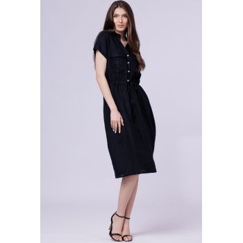 Rochie de vara midi din in cu buzunare si siret in talie, bleumarin