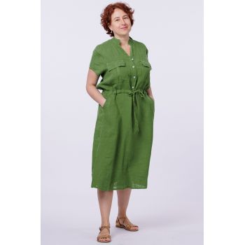 Rochie de vara midi din in, verde olive