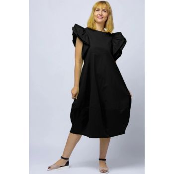 Rochie lalea din poplin, neagra, cu maneci bufante ample