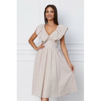 Rochie Dy Fashion midi bej cu motive florale si volane la bust