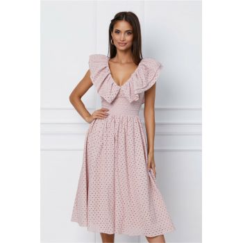 Rochie Dy Fashion midi roz cu motive florale si volane la bust