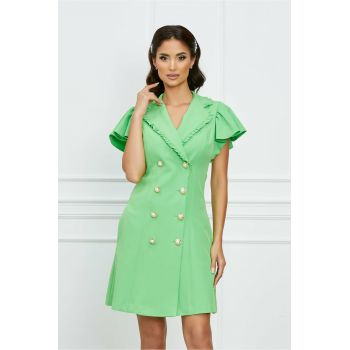 Rochie Dy Fashion verde crud tip sacou cu volanase la bust la reducere