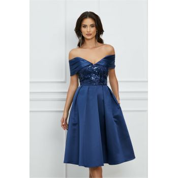 Rochie MBG bleumarin cu umeri goi si paiete pe bust