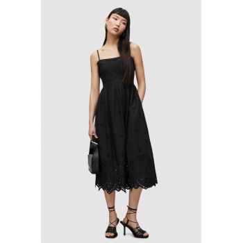 AllSaints rochie din bumbac culoarea negru, midi, evazată