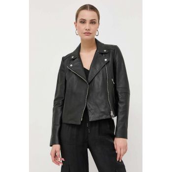 BOSS geaca ramones de piele femei, culoarea verde, de tranzitie