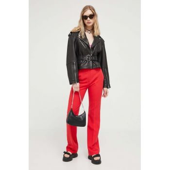 HUGO pantaloni femei, culoarea rosu, evazati, high waist