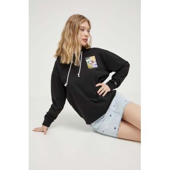 Tommy Jeans bluza femei, culoarea negru, cu glugă, modelator