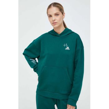 adidas bluza femei, culoarea verde, cu glugă, cu imprimeu