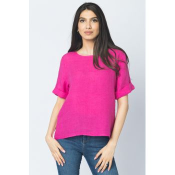 Bluza din in fucsia cu nasturi pe spate