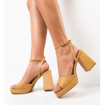 Sandale cu toc Flaviana Camel ieftine
