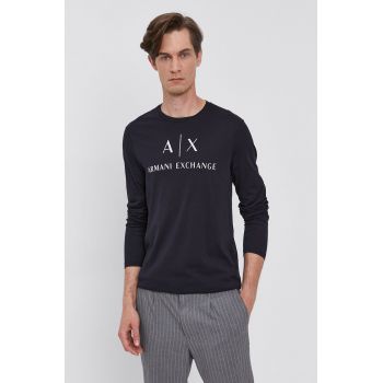 Armani Exchange longsleeve barbati, culoarea albastru marin, cu imprimeu ieftin