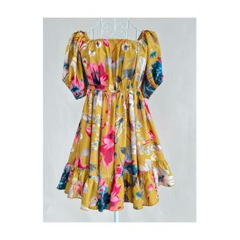 Rochie de Dama, cu Maneci Scurte Bufante, pe Umar, Print Floral, Sorrento, Galbena