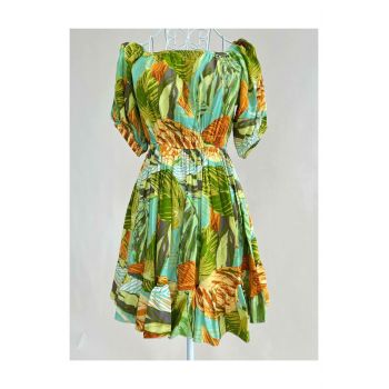 Rochie de Dama pe Umar, cu Maneci Scurte, Bufante, cu Imprimeu, Maldive, Multicolor