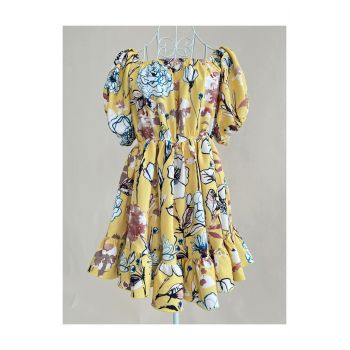 Rochie de Dama, pe Umeri, cu Maneci Scurte Bufante si Print Floral, Parma, Galbena