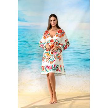 Rochie scurta de plaja din vascoza si bumbac, cu imprimeu floral pe fond ivoriu