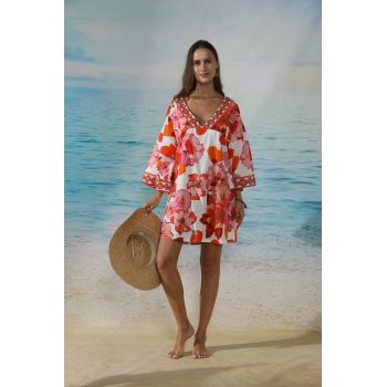 Rochie scurta de plaja din vascoza si bumbac, cu imprimeu floral rosu si roz