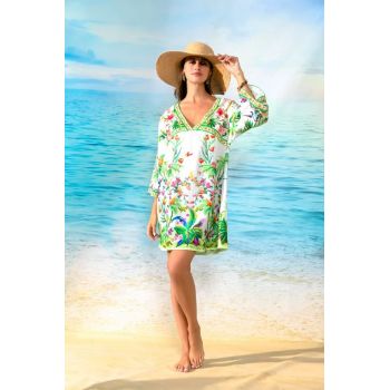 Rochie scurta de plaja din vascoza si bumbac, cu imprimeu floral verde fresh