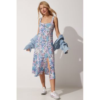 Rochie cu model floral si slit lateral