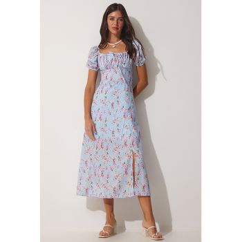 Rochie midi cu imprimeu floral si maneci bufante