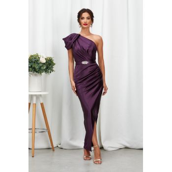 Rochie de ocazie din licra satinat tip one shoulder Sublime Violet
