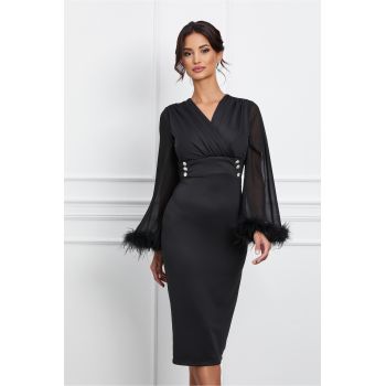 Rochie Beatrice neagra cu maneci din voal cu pene la baza