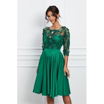 Rochie Ella Collection Cindy verde din tafta cu broderie la bust