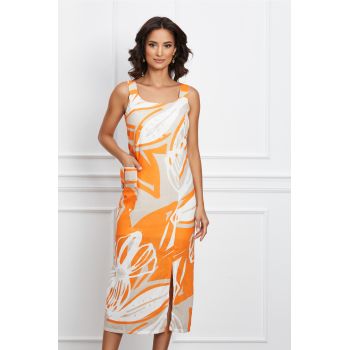 Rochie Jasmine orange cu imprimeu bej si buzunar