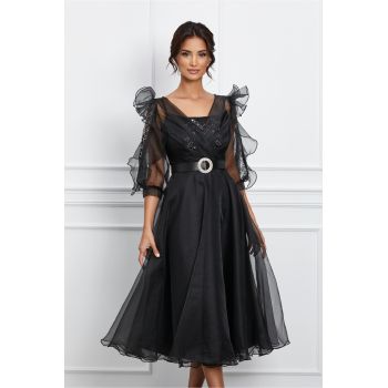 Rochie Samara neagra din organza cu strasuri si curea in talie