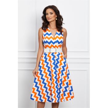 Rochie Tamara alba cu imprimeuri in zig-zag orange si albastre