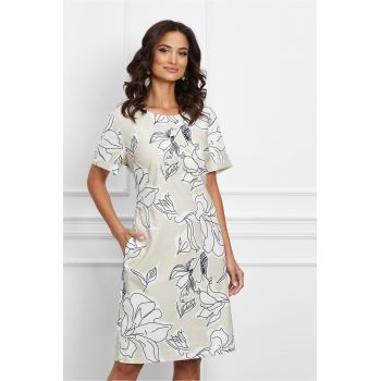 Rochie Teodora bej cu imprimeuri florale albe