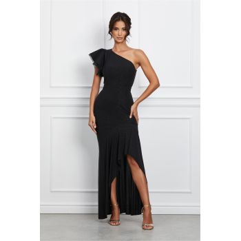 Rochie Teodora neagra cu glitter si lungime asimetrica