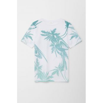 Tricou cu decolteu rotund si imprimeu tropical