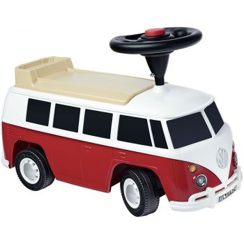 Masinuta copii fara pedale Big Baby VW T1 red, cu roti silentioase,licenta Volkswagen,potrivita copiilor cu varsta intre 1,5 si 5 ani,sezut lat si detasabil, spatiu de depozitare jucarii, volan cu claxon