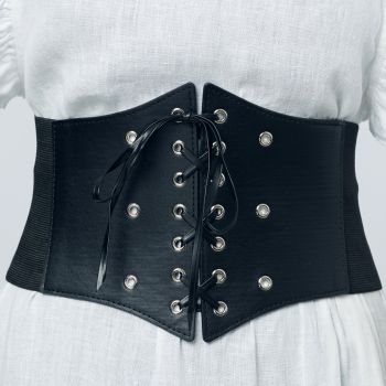 Centura corset lata din piele ecologica cu siret si capse matalice argintii ieftina