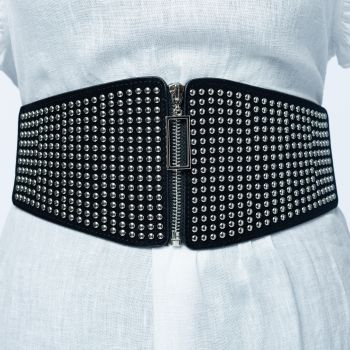 Centura corset lata din piele ecologica cu tinte metalice argintii si fermoar ieftina