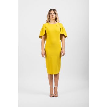 Rochie eleganta mustarie cu maneca scurta ieftina