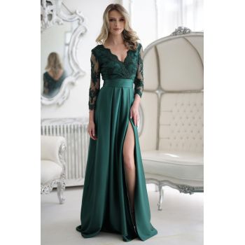 Rochie lunga din tafta verde cu broderie in partea superioara