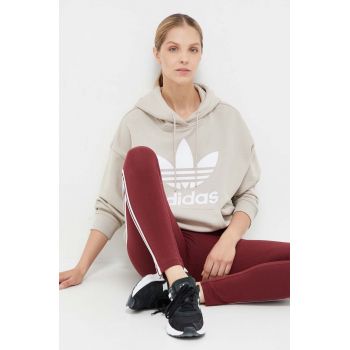 adidas Originals hanorac de bumbac femei, culoarea bej, cu glugă, cu imprimeu