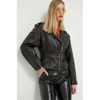 HUGO geaca ramones de piele femei, culoarea negru, de tranzitie