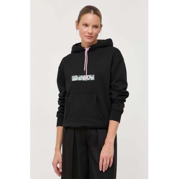 Karl Lagerfeld bluza femei, culoarea negru, cu glugă, cu imprimeu