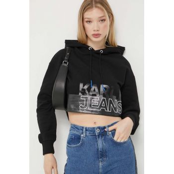 Karl Lagerfeld Jeans hanorac de bumbac femei, culoarea negru, cu glugă, cu imprimeu