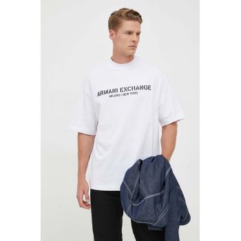 Armani Exchange tricou din bumbac culoarea alb, cu imprimeu ieftin