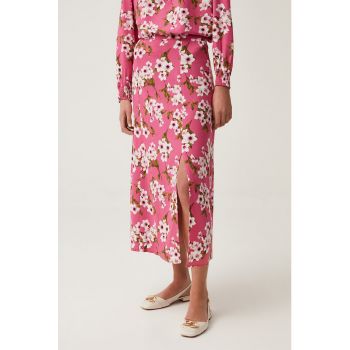 Fusta midi cu imprimeu floral si slit lateral