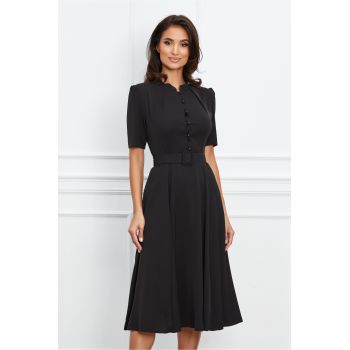 Rochie Dy Fashion neagra cu nasturi la bust si curea in talie