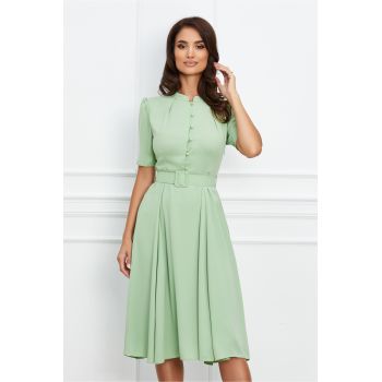 Rochie Dy Fashion verde fistic cu nasturi la bust si curea in talie